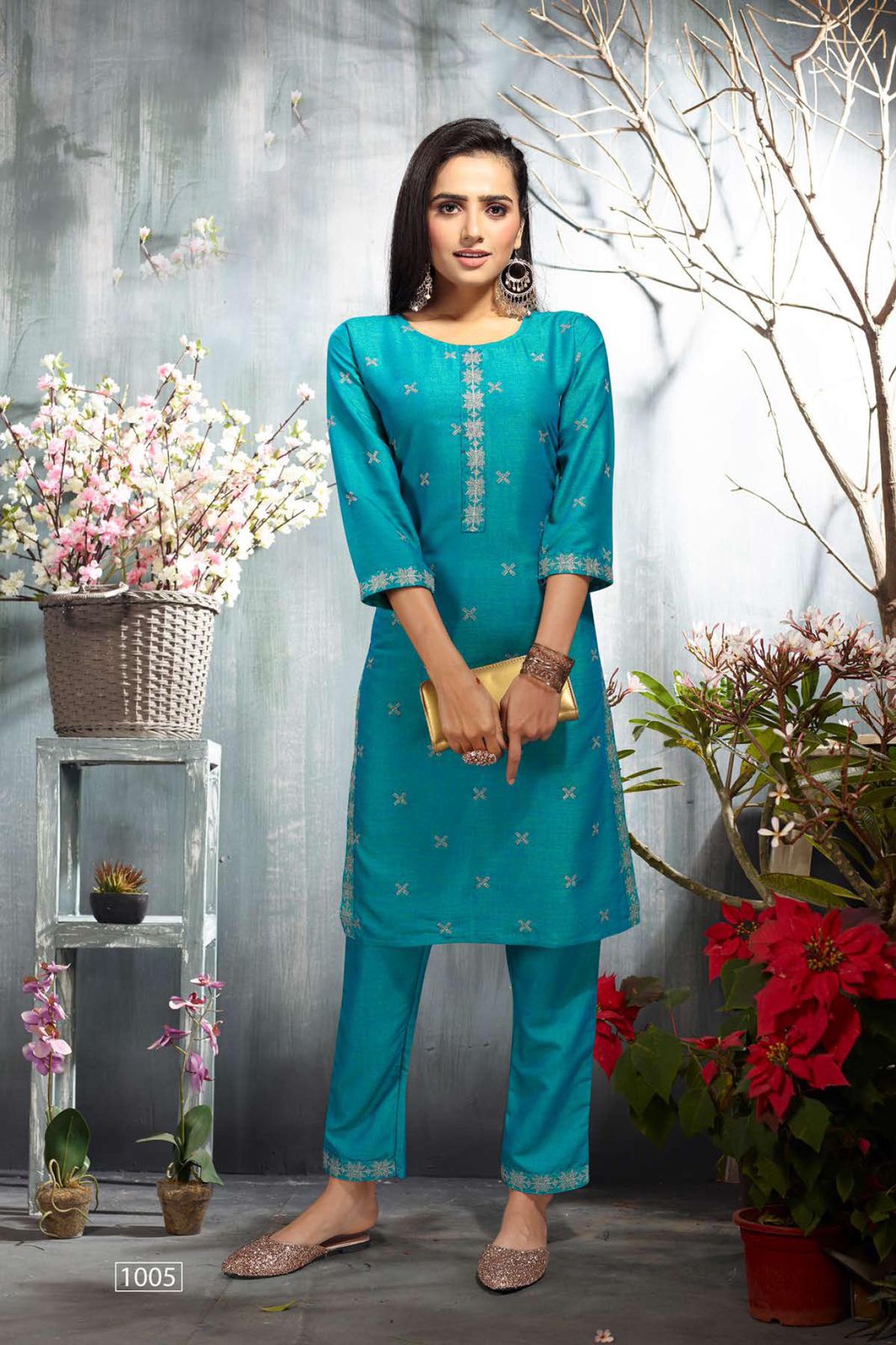 Saloni Fancy Casual Wear Rayon Embroidery Kurti With Pant Collection
